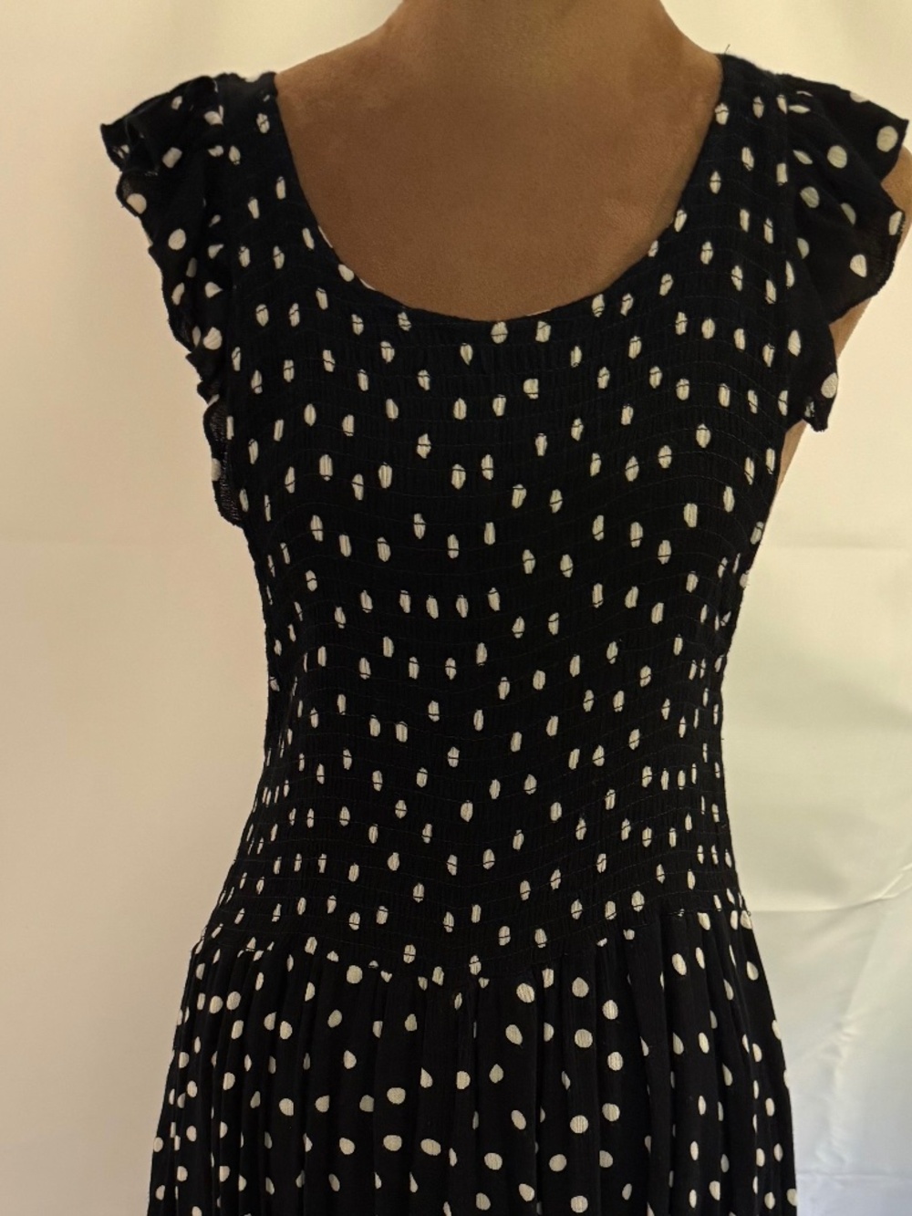 Free People Chambray Polka Dot Smocked Midi Dress - Black & Cream Size Med